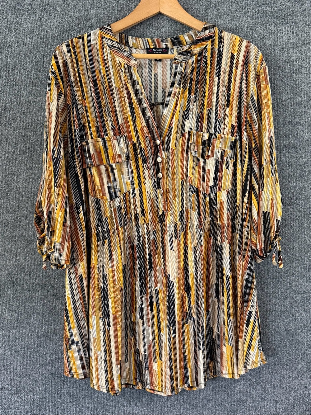 Cocomo Womens 3X Tunic Blouse Multi Stripe 3/4 Roll Tab Sleeve V-Neck Pockets